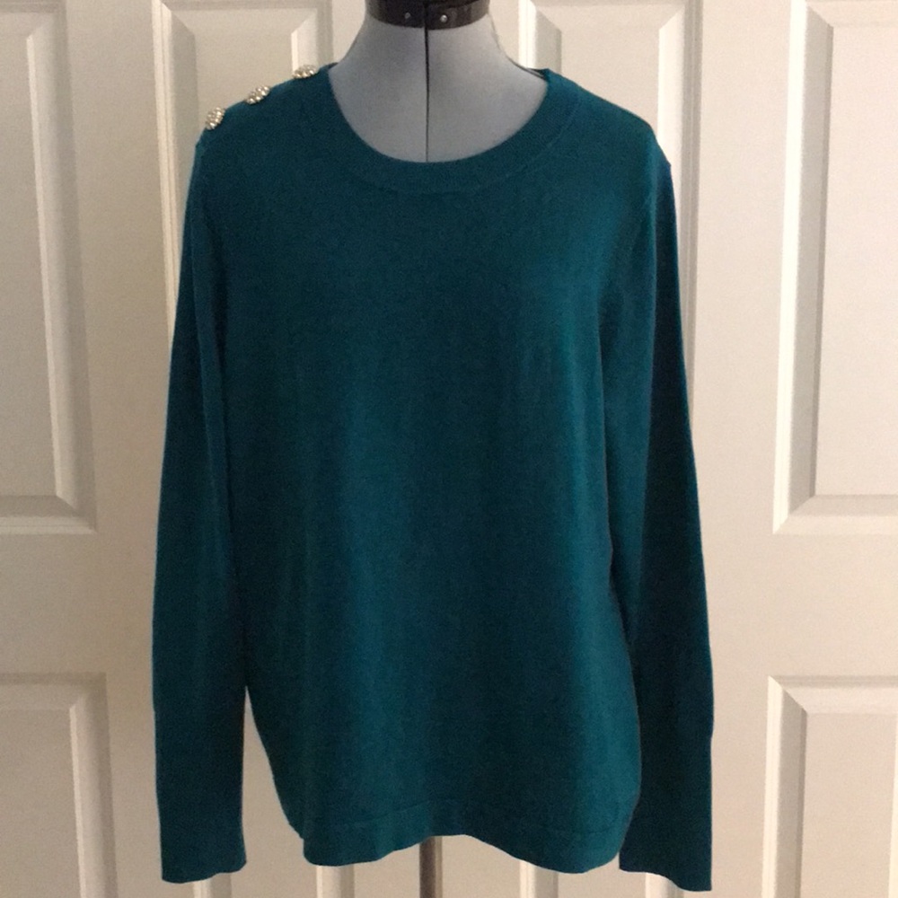 Lilly Pulitzer Teal Green Crew Neck Sweater Rhinestone Shoulder Buttons XL